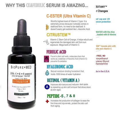 BioPureMED 25% Vitamin C CE Ferulic Serum – Tripeptide-5, Retinol & Hyaluronic Acid (2 Pack) | STEMBOTANY