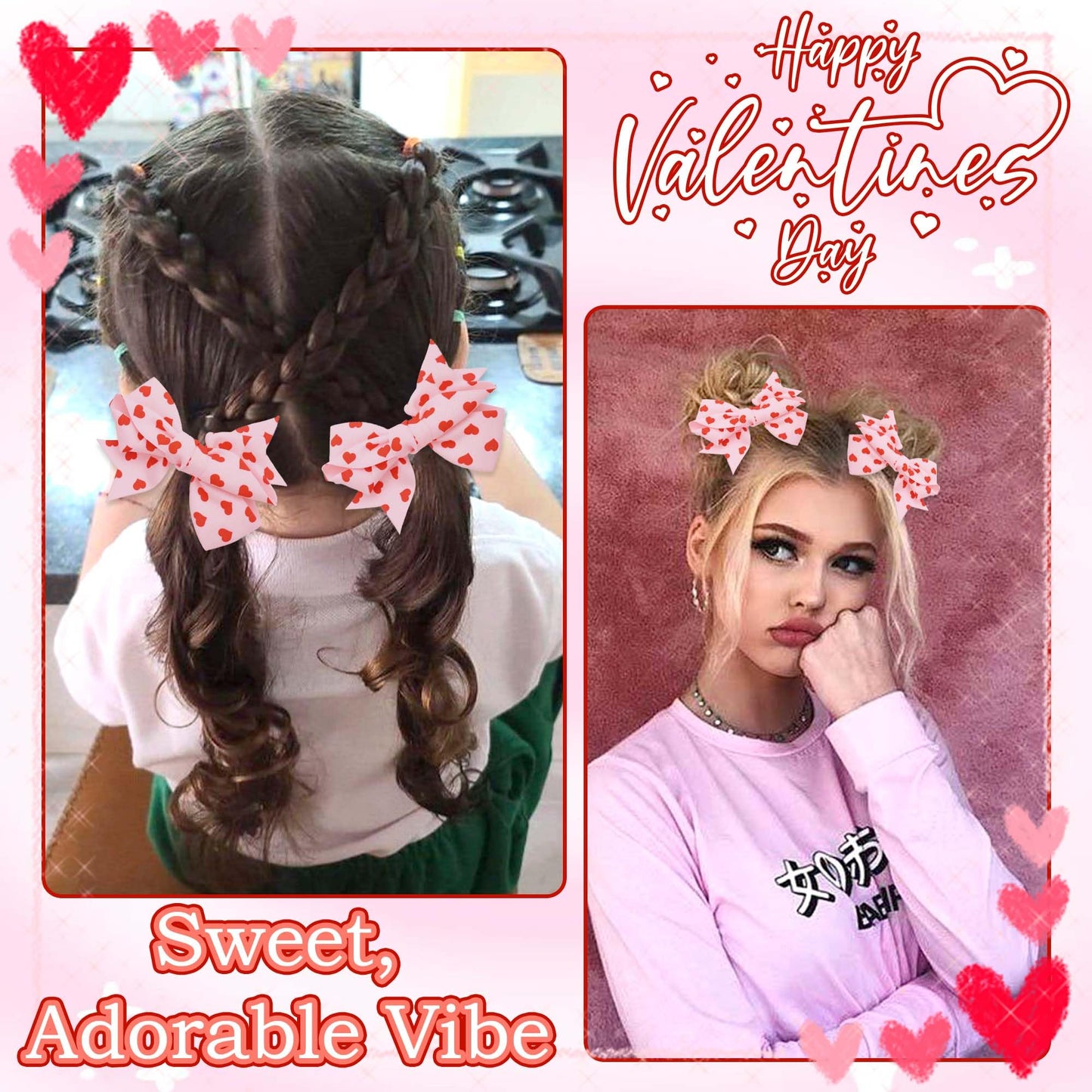 STGDAK Valentine Heart Hair Bow Clips – 4-Inch Pink & Red Print, 2-Pack