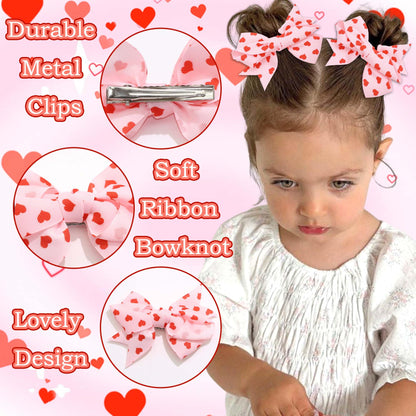 STGDAK Valentine Heart Hair Bow Clips – 4-Inch Pink & Red Print, 2-Pack