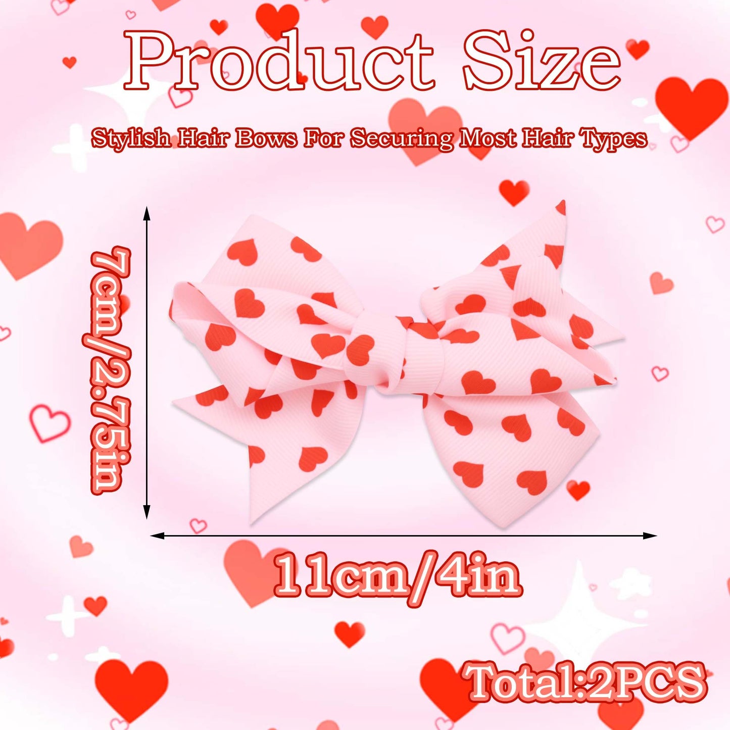 STGDAK Valentine Heart Hair Bow Clips – 4-Inch Pink & Red Print, 2-Pack