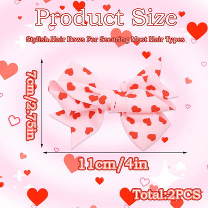 STGDAK Valentine Heart Hair Bow Clips – 4-Inch Pink & Red Print, 2-Pack