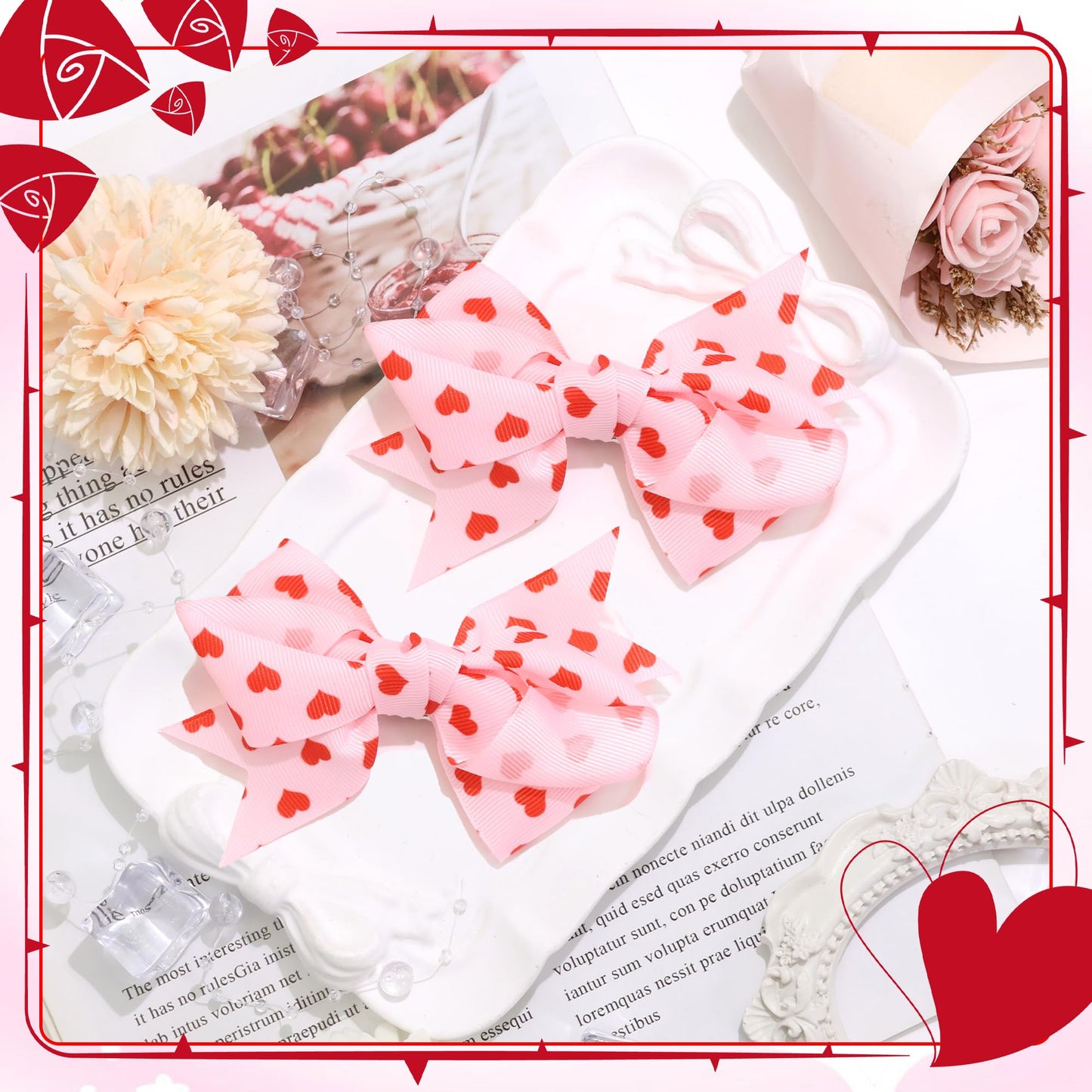 STGDAK Valentine Heart Hair Bow Clips – 4-Inch Pink & Red Print, 2-Pack