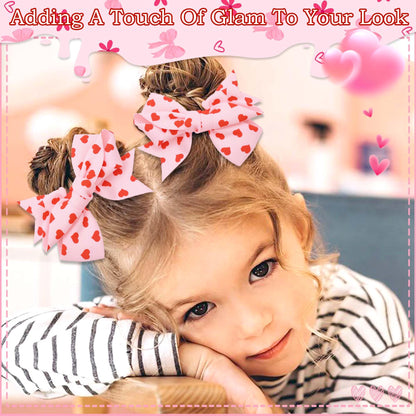 STGDAK Valentine Heart Hair Bow Clips – 4-Inch Pink & Red Print, 2-Pack
