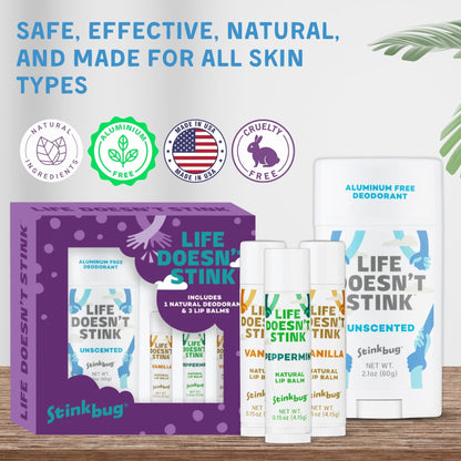Stinkbug Naturals Aluminum-Free Deodorant + Lip Balms Bundle | Unscented 2.1oz + Vanilla & Peppermint Lip Balms