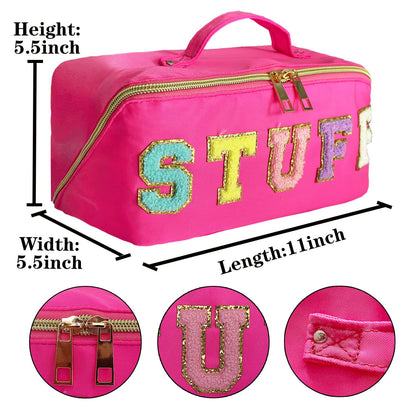 STOMKIRE Preppy Bag – Rose Red Nylon Makeup Bag with Chenille Letters