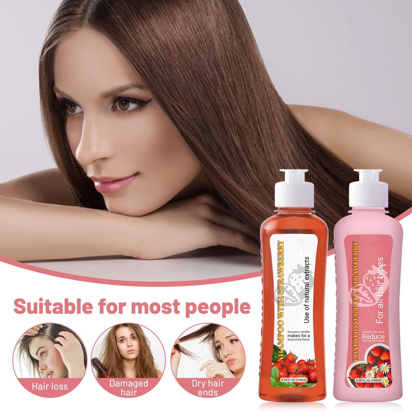 Strawberry & Milk Shampoo & Conditioner Set – All Hair Types, Strengthen Roots, Reduce Split Ends (8.38 Fl Oz Each)