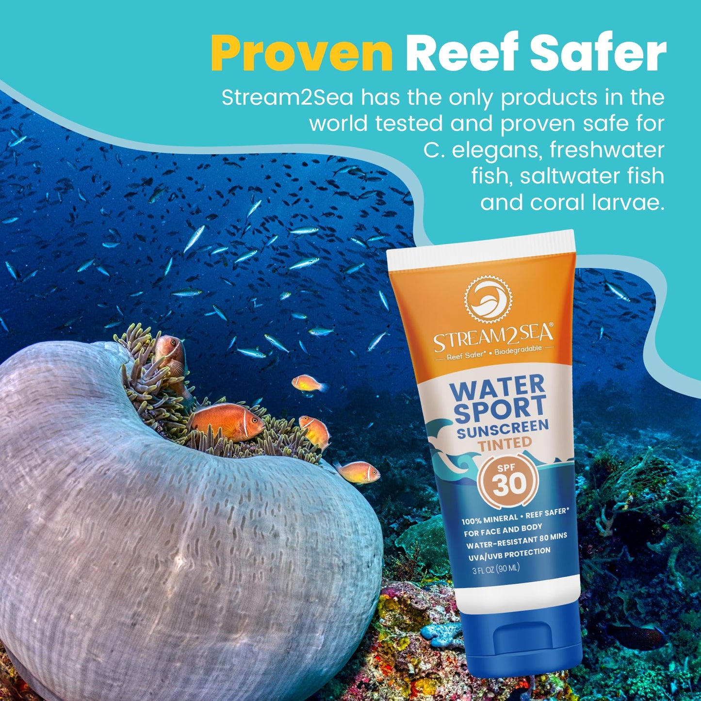 STREAM 2 SEA SPF 30 Tinted Mineral Sunscreen – Biodegradable, Reef Safe, 3-Pack Travel Size