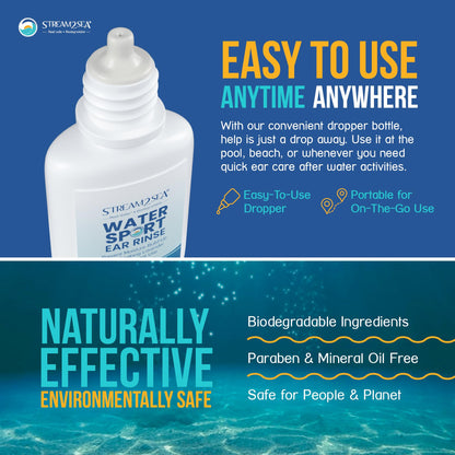 Stream2Sea Water Sport Ear Rinse – Biodegradable Ear Drops for Swimmers | 2 Pack, 1 fl oz