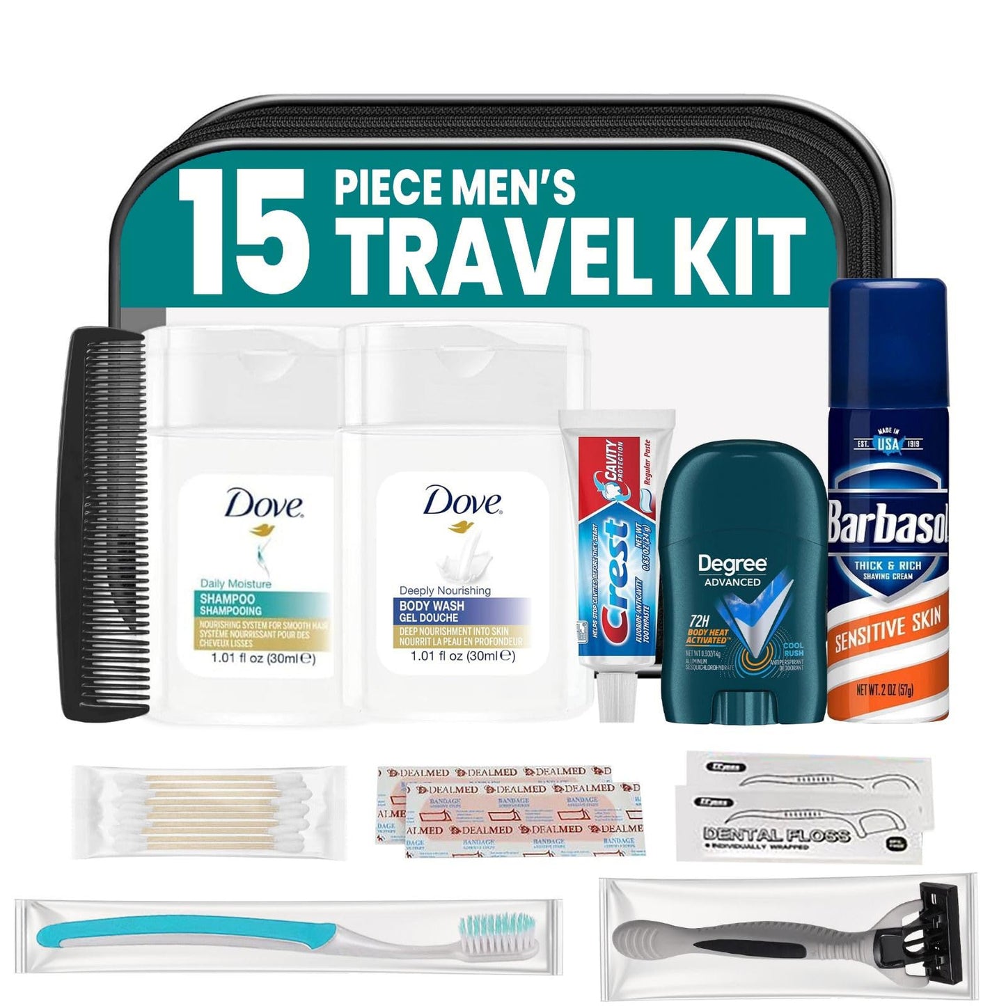 Trektote Travel Toiletry Kit for Men – 15-Piece TSA-Approved Set | Stuhrling Bottle