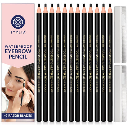 Stylia Waterproof Eyebrow Pencils for Women – Long-Lasting Microblading Brow Pencil Set (12PC Black)