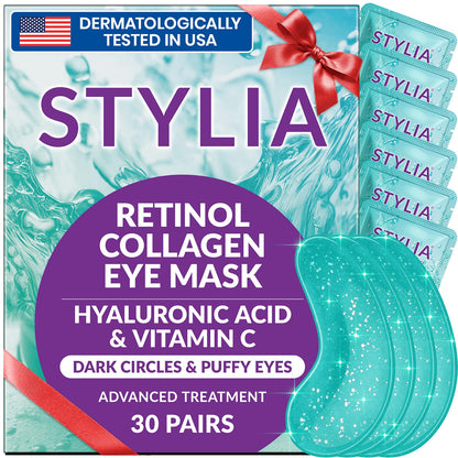 Stylia Under Eye Patches for Puffy Eyes & Dark Circles (30 Pairs) - Marine Collagen Mask with Retinol, Vitamin C, Hyaluronic Acid, Pearl Extract