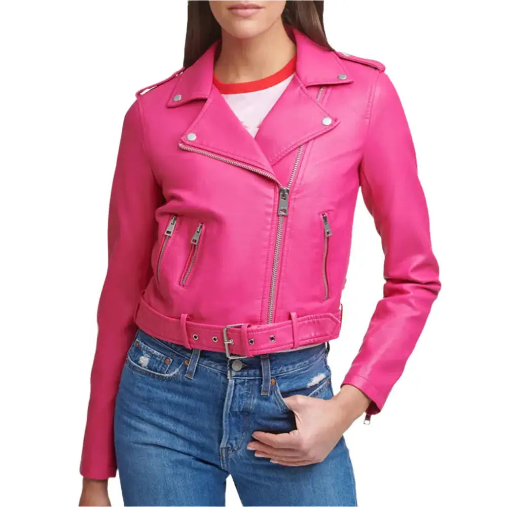 Women’s Bright Pink Biker Leather Jacket