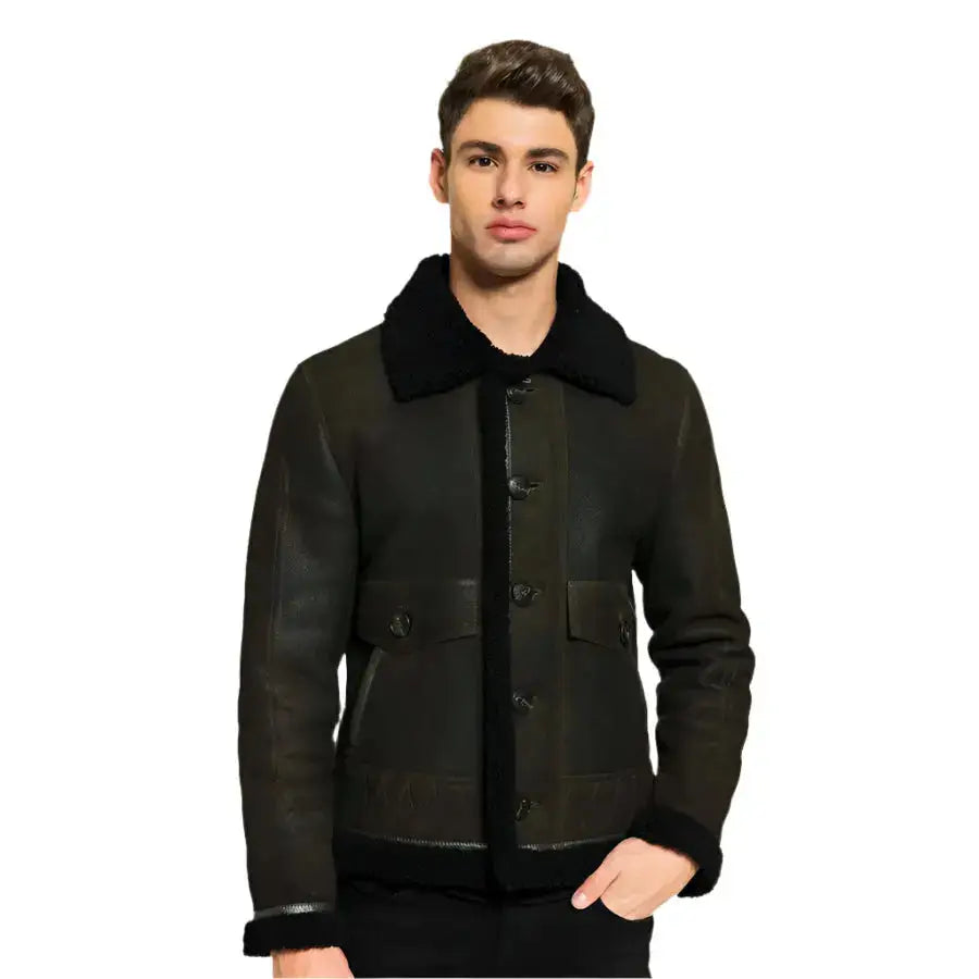 Men's Green and Black Aviator Shearling Jacket