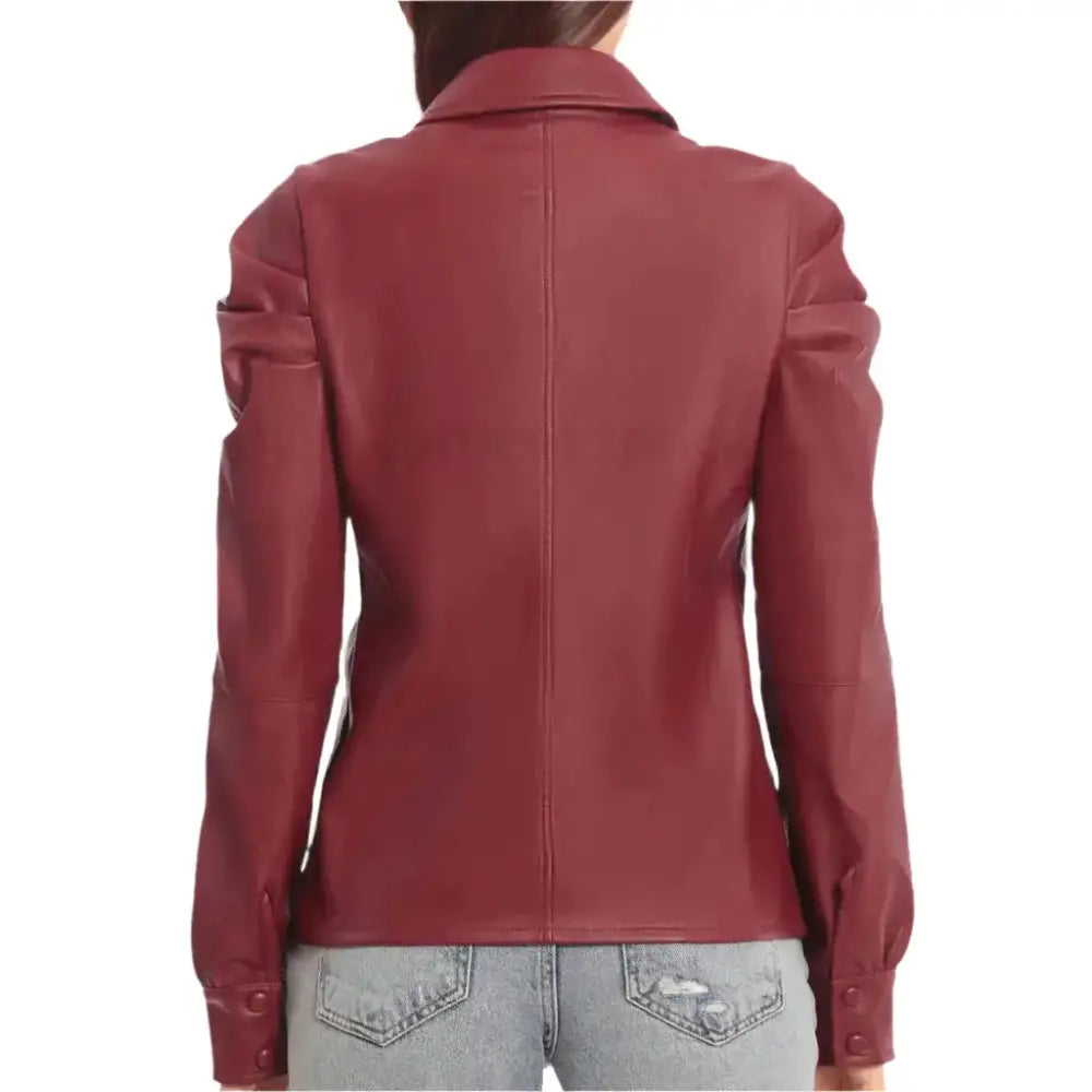 Women's Red Puffed Sleeve Leather Shirt