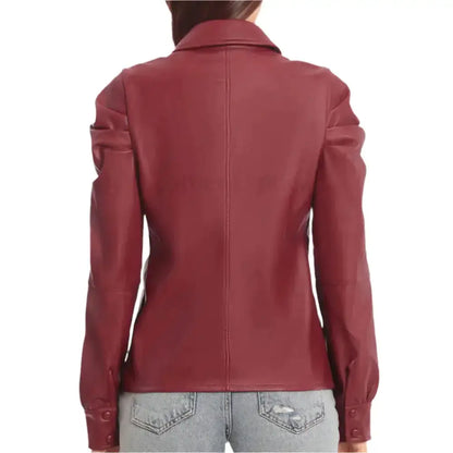 Women's Red Puffed Sleeve Leather Shirt