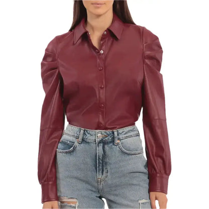 Women's Red Puffed Sleeve Leather Shirt