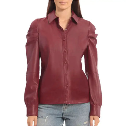 Women's Red Puffed Sleeve Leather Shirt