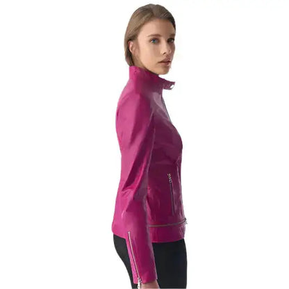 Women’s Stylish Fuchsia Leather Jacket – Zipper Hem Detail