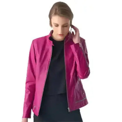 Women’s Stylish Fuchsia Leather Jacket – Zipper Hem Detail