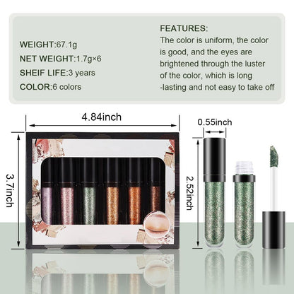 SUAKE 6-Color Waterproof Liquid Glitter Eyeshadow & Eyeliner Kit – Long-Wearing Eye Makeup Set