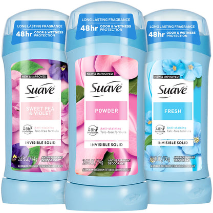 Suave Antiperspirant Deodorant for Women Variety 3-Pack – Powder, Fresh & Sweet Pea & Violet | Invisible, Talc-Free