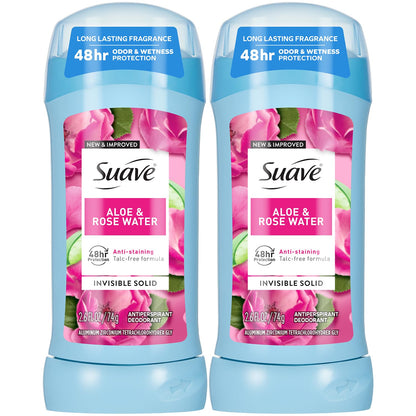 Suave Aloe & Rosewater Antiperspirant Deodorant for Women – 2-Pack, Invisible Solid