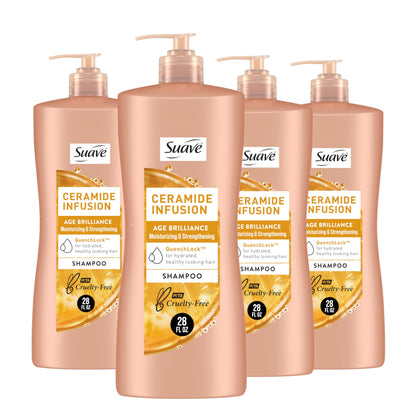 Suave Ceramide Age Brilliance Shampoo – Moisturizing & Strengthening pH-Balanced Anti-Frizz for Women, 28 Oz (Pack of 4)