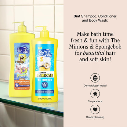 Suave Kids 3-in-1 Variety 2-Pack – Minions Fresh Fun & SpongeBob JellyFish Splash, Tear-Free, 28 oz Each