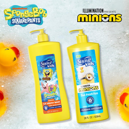 Suave Kids 3-in-1 Variety 2-Pack – Minions Fresh Fun & SpongeBob JellyFish Splash, Tear-Free, 28 oz Each