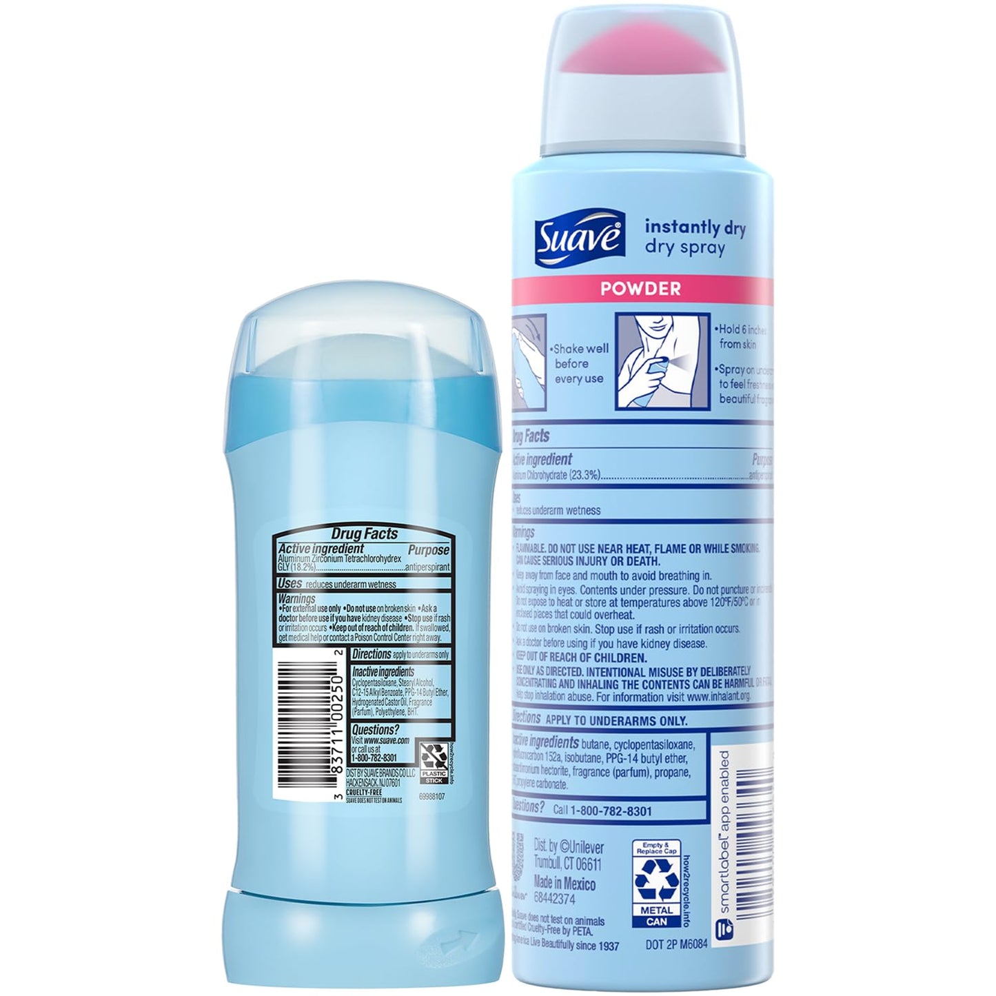 Suave Powder Deodorant Sticks 2-Pack + Dry Spray for Women – 48H Sweat & Odor Protection, Anti-Staining, Talc-Free