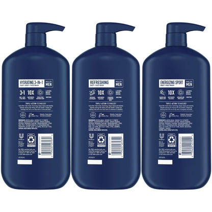 Suave Men 3-Pack: Energizing Sport, Refreshing Body + Face Wash, Hydrating 3-in-1 Hair + Body + Face Wash – 30 oz Each