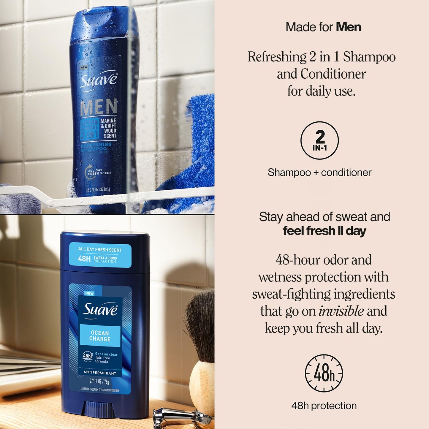 Suave Men Ocean Charge 2-in-1 Shampoo & Conditioner + Antiperspirant Deodorant Set – Ocean Charge