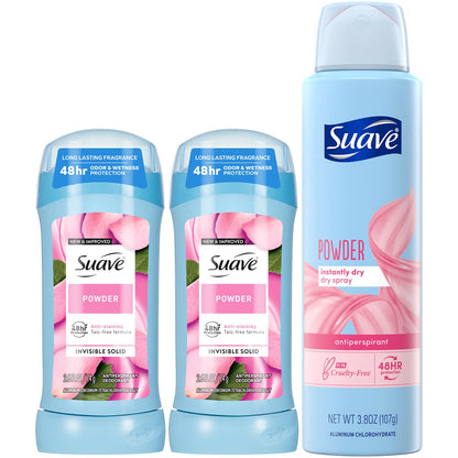 Suave Powder Deodorant Sticks 2-Pack + Dry Spray for Women – 48H Sweat & Odor Protection, Anti-Staining, Talc-Free