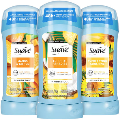 Suave Antiperspirant Deodorant 3-Pack – Tropical Paradise, Mango & Citrus, Everlasting Sunshine