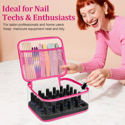 SUBAY Nail Polish Organizer – Clear 30-Bottle Case, Portable PVC Travel Bag, Rose Red