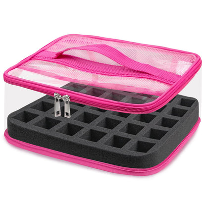 SUBAY Nail Polish Organizer – Clear 30-Bottle Case, Portable PVC Travel Bag, Rose Red