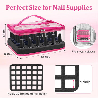 SUBAY Nail Polish Organizer – Clear 30-Bottle Case, Portable PVC Travel Bag, Rose Red