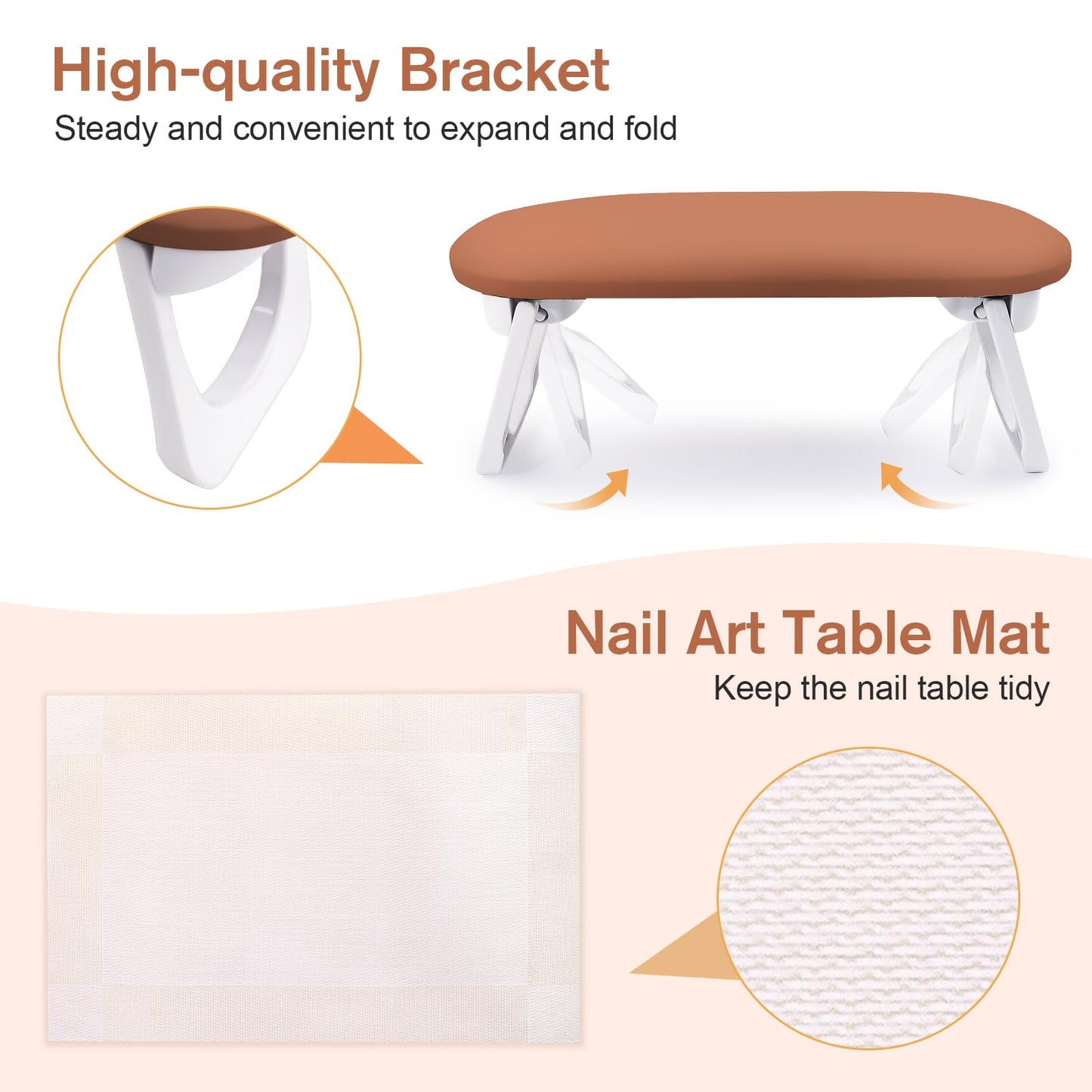 SUBAY Arm Rest for Nails Tech - Foldable PU Leather Hand Rest for Manicure (Caramel)