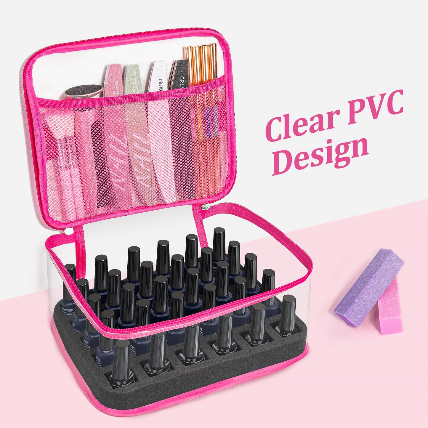 SUBAY Nail Polish Organizer – Clear 30-Bottle Case, Portable PVC Travel Bag, Rose Red