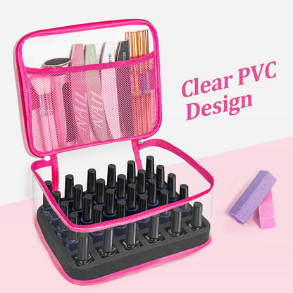 SUBAY Nail Polish Organizer – Clear 30-Bottle Case, Portable PVC Travel Bag, Rose Red