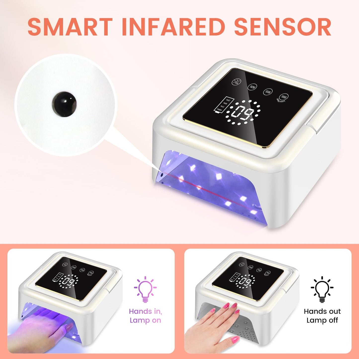 SUBAY UV Nail Lamp 108W – Cordless Gel Curing, 36 Beads, 4 Timer Modes, Auto Sensor (White)