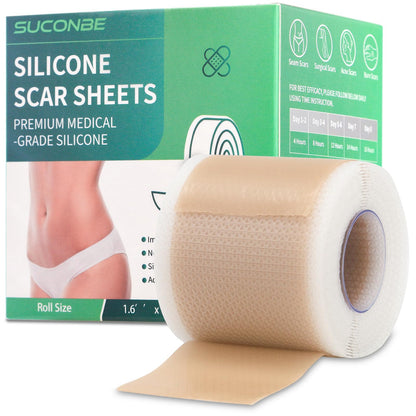 SUCONBE Silicone Scar Tape – Medical Grade Scar Sheets (1.6 x 160 in Roll) for C-Section, Tummy Tuck, and Post-Surgery Scars