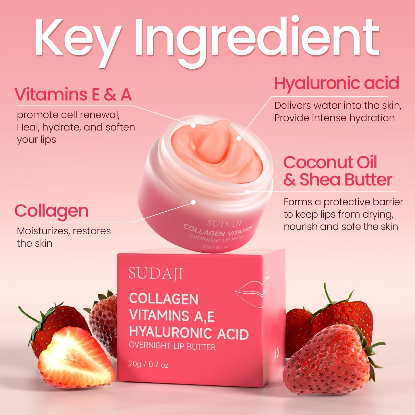 SUDAJI Collagen Lip Mask – Hydrating Lip Balm with Hyaluronic Acid & Vitamins A & E (0.7 oz)