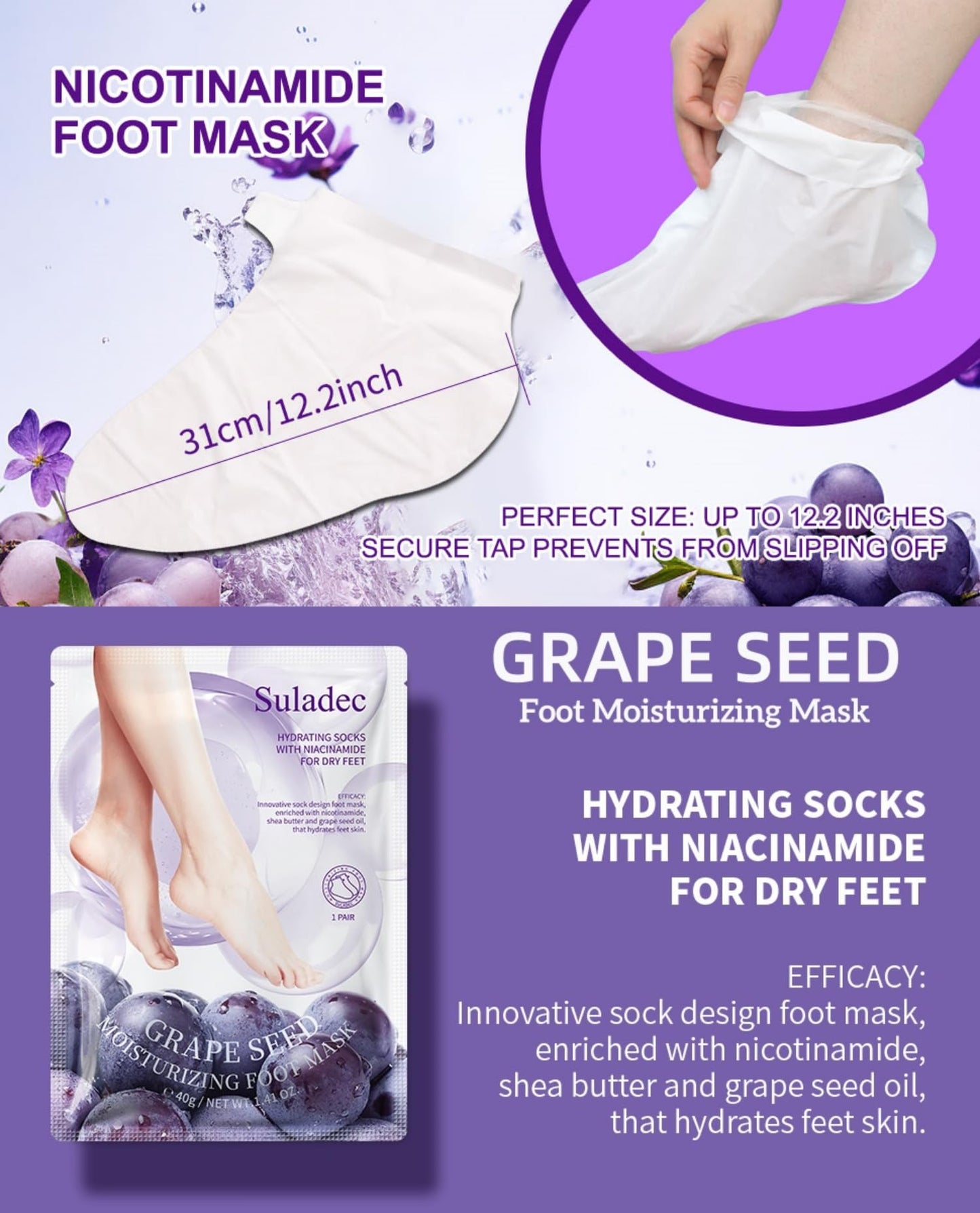 SULADEC Moisturizing Foot Mask – Grape Seed Oil & Shea Butter, Hydrates Dry Feet (7 Pairs)
