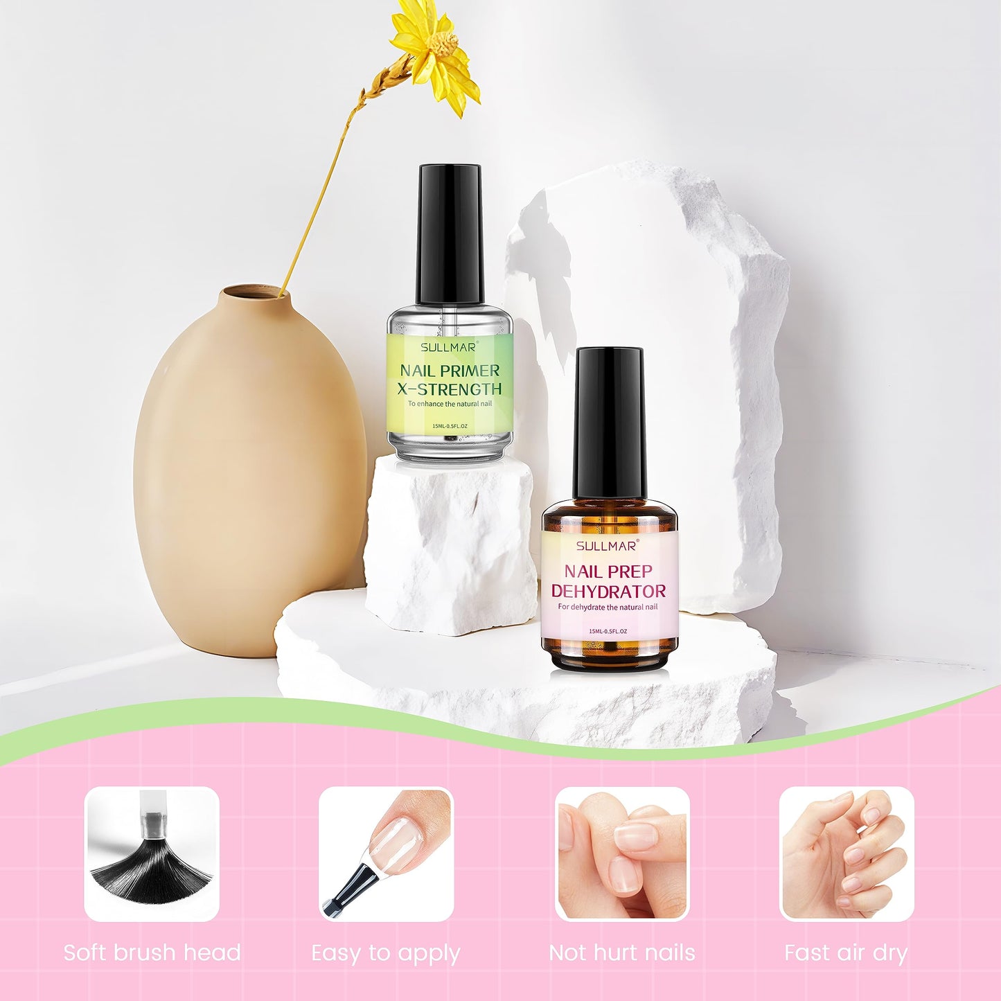 SULLMAR 15ml Nail Prep Dehydrator & X-Strength Primer Set — Bonding Kit with Cuticle Oil & Strengthener
