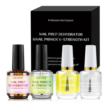 SULLMAR 15ml Nail Prep Dehydrator & X-Strength Primer Set — Bonding Kit with Cuticle Oil & Strengthener