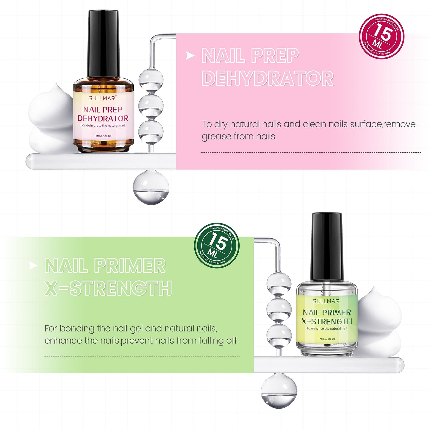 SULLMAR 15ml Nail Prep Dehydrator & X-Strength Primer Set — Bonding Kit with Cuticle Oil & Strengthener