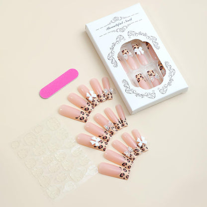 SUMINGGO 24Pcs Press On Nails | Medium Almond, Leopard Bowknot Design, Reusable Full-Cover Nails