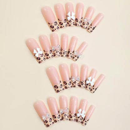 SUMINGGO 24Pcs Press On Nails | Medium Almond, Leopard Bowknot Design, Reusable Full-Cover Nails