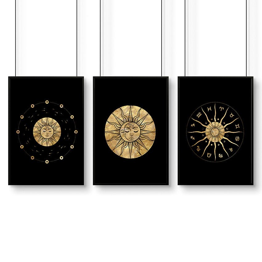 Sun and moon drawing  | set of 3 framed wall art